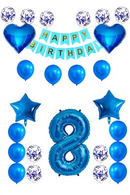 8 Yaş Mavi Konsept Doğum Günü Seti;  Kalp Yıldız Folyo Balon Set
