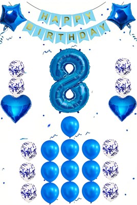 8 Yaş Mavi Konsept Doğum Günü Seti;  Kalp Yıldız Folyo Balon Set