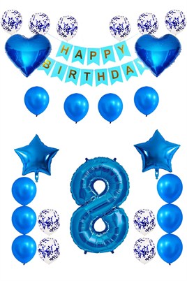 8 Yaş Mavi Konsept Doğum Günü Seti;  Kalp Yıldız Folyo Balon Set