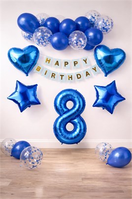 8 Yaş Mavi Konsept Doğum Günü Seti;  Kalp Yıldız Folyo Balon Set