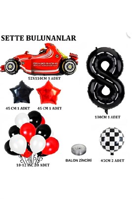 8 Yaş Yarış Arabası Temalı Doğum Günü Parti Kutlama Balon Seti 