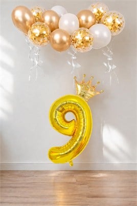 9 Rakam Gold Folyo Balon, Kral Tacı Ve Konfetili Gold Balon