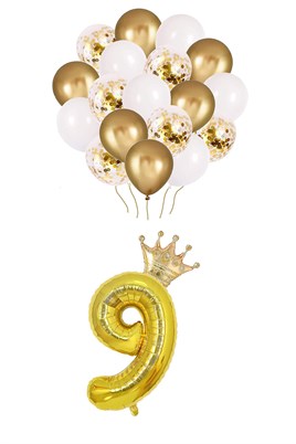 9 Rakam Gold Folyo Balon, Kral Tacı Ve Konfetili Gold Balon