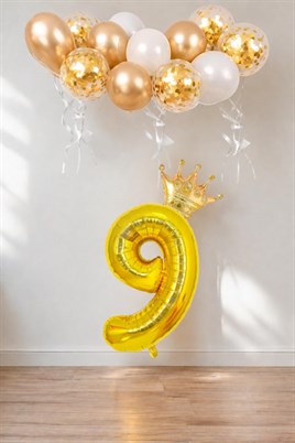 9 Rakam Gold Folyo Balon, Kral Tacı Ve Konfetili Gold Balon