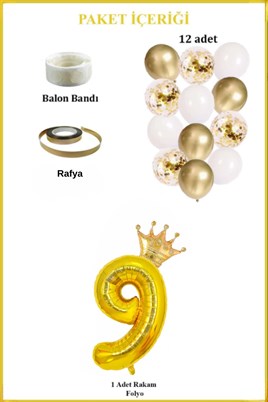 9 Rakam Gold Folyo Balon, Kral Tacı Ve Konfetili Gold Balon
