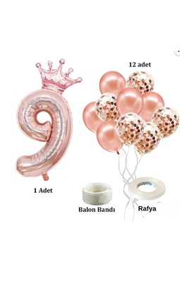 9 Rakam Rose Gold Folyo Balon, Kral Tacı Ve Konfetili Rose Gold Balon