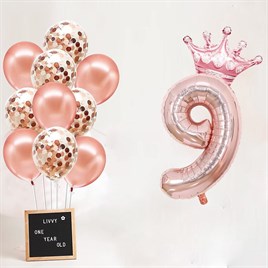 9 Rakam Rose Gold Folyo Balon, Kral Tacı Ve Konfetili Rose Gold Balon