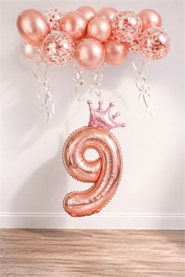 9 Rakam Rose Gold Folyo Balon, Kral Tacı Ve Konfetili Rose Gold Balon