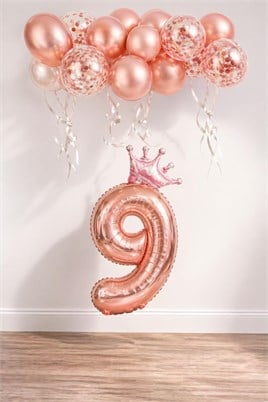 9 Rakam Rose Gold Folyo Balon, Kral Tacı Ve Konfetili Rose Gold Balon
