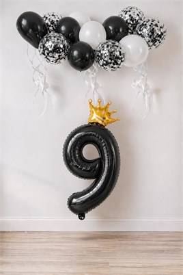 9 Rakam Siyah Folyo Balon, Kral Tacı Ve Konfetili Siyah Balon Set