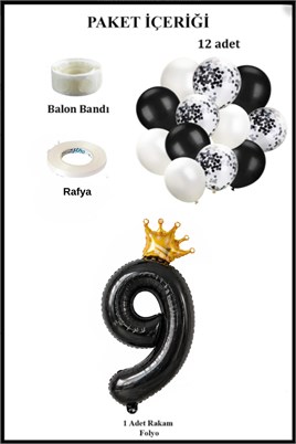 9 Rakam Siyah Folyo Balon, Kral Tacı Ve Konfetili Siyah Balon Set