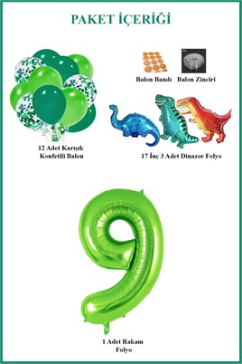9 Yaş Dinazor Set; Rakam Folyo, 3 Adet Mini Dinazor ve 10 lu Balon