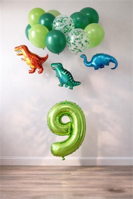 9 Yaş Dinazor Set; Rakam Folyo, 3 Adet Mini Dinazor ve 10 lu Balon