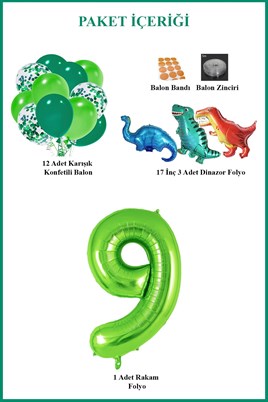 9 Yaş Dinazor Set; Rakam Folyo, 3 Adet Mini Dinazor ve 10 lu Balon