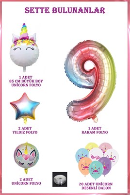 9 Yaş Gökkuşağı Konsepti Unicorn Temalı Doğum Günü Parti Kutlama Seti