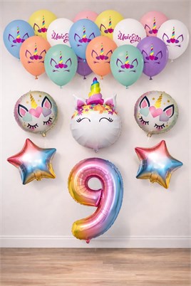 9 Yaş Gökkuşağı Konsepti Unicorn Temalı Doğum Günü Parti Kutlama Seti