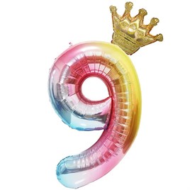 9 Yaş Gökkuşağı Rakam ve Kral Tacı Folyo Balon Doğum Günü Parti Kutlama Seti