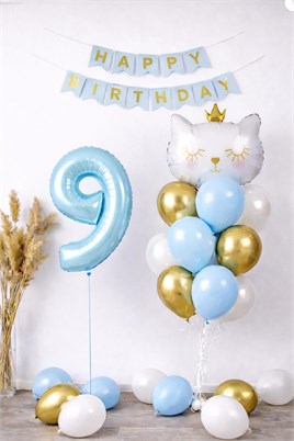 9 Yaş Kedi Temalı Doğum Günü Balon Seti – Mavi Gold Konsept