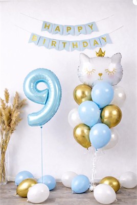 9 Yaş Kedi Temalı Doğum Günü Balon Seti – Mavi Gold Konsept
