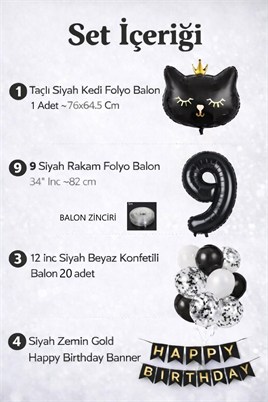 9 Yaş Kedi Temalı Doğum Günü Balon Seti – Siyah Konsept