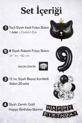 9 Yaş Kedi Temalı Doğum Günü Balon Seti – Siyah Konsept
