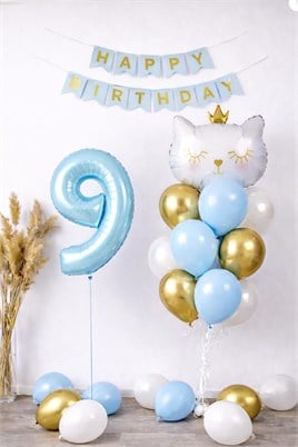 9 Yaş Kedi Temalı Doğum Günü Balon Seti – Mavi Gold Konsept