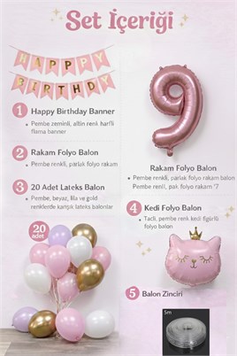 9 Yaş Kedi Temalı Günü Balon Doğum Seti – Pembe Gold Konsept