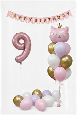 9 Yaş Kedi Temalı Günü Balon Doğum Seti – Pembe Gold Konsept