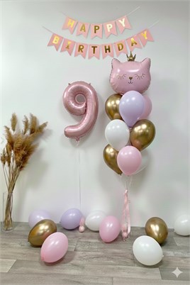 9 Yaş Kedi Temalı Günü Balon Doğum Seti – Pembe Gold Konsept