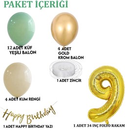 9 Yaş Küf Yeşili Deniz Kumu ve Krom Gold Balonlu Konsept  Doğum Günü Seti