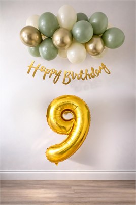9 Yaş Küf Yeşili Deniz Kumu ve Krom Gold Balonlu Konsept  Doğum Günü Seti