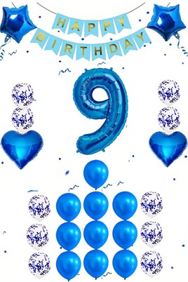 9 Yaş Mavi Konsept Doğum Günü Seti;  Kalp Yıldız Folyo Balon Set