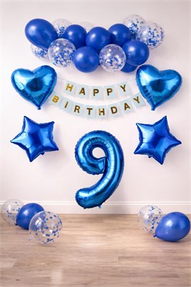 9 Yaş Mavi Konsept Doğum Günü Seti;  Kalp Yıldız Folyo Balon Set