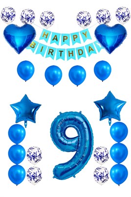 9 Yaş Mavi Konsept Doğum Günü Seti;  Kalp Yıldız Folyo Balon Set