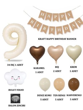 9 Yaş Retro Doğum Günü Seti; Krem Rakam Folyo, Banner, Kalp Folyo ve Lateks Balon