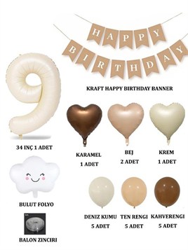 9 Yaş Retro Doğum Günü Seti; Krem Rakam Folyo, Banner, Kalp Folyo ve Lateks Balon