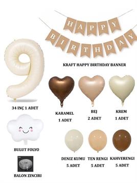 9 Yaş Retro Doğum Günü Seti; Krem Rakam Folyo, Banner, Kalp Folyo ve Lateks Balon