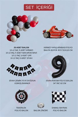9 Yaş Yarış Arabası Temalı Doğum Günü Parti Kutlama Balon Seti – Kırmızı, Siyah ve Gri Süsleme Seti