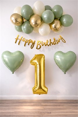 Adaçayı Konsept 1 Yaş Doğum Günü Seti ; Küf Yeşili-Krom Gold- Deniz Kumu ve Adaçayı Kalp Folyo Balon