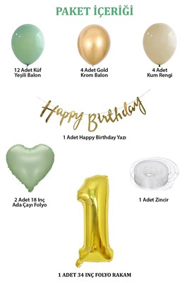 Adaçayı Konsept 1 Yaş Doğum Günü Seti ; Küf Yeşili-Krom Gold- Deniz Kumu ve Adaçayı Kalp Folyo Balon