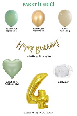 Adaçayı Konsept 4 Yaş Doğum Günü Seti ; Küf Yeşili-Krom Gold- Deniz Kumu ve Adaçayı Kalp Folyo Balon