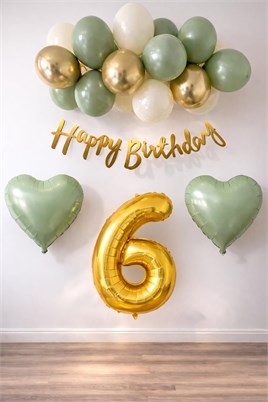 Adaçayı Konsept 6 Yaş Doğum Günü Seti ; Küf Yeşili-Krom Gold- Deniz Kumu ve Adaçayı Kalp Folyo Balon