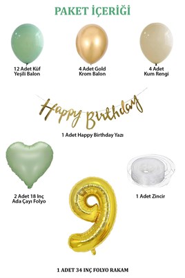 Adaçayı Konsept 9 Yaş Doğum Günü Seti ; Küf Yeşili-Krom Gold- Deniz Kumu ve Adaçayı Kalp Folyo Balon