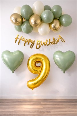Adaçayı Konsept 9 Yaş Doğum Günü Seti ; Küf Yeşili-Krom Gold- Deniz Kumu ve Adaçayı Kalp Folyo Balon