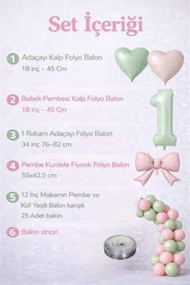 Adaçayı Yeşili & Pembe 1 Yaş Doğum Günü Balon Süsleme Seti