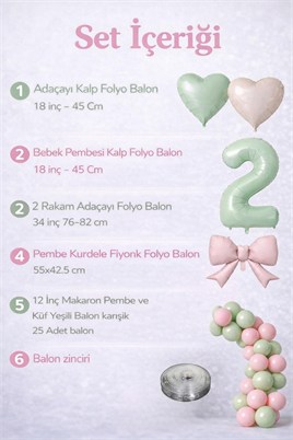 Adaçayı Yeşili & Pembe 2 Yaş Doğum Günü Balon Süsleme Seti
