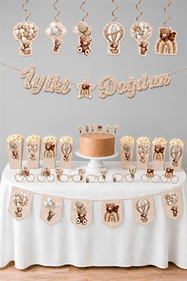 Ayıcık Temalı Doğum Günü Parti Seti– Banner, Tavan Süsü, Gözlük, Pasta Figürü ve Mısır Kutusu Seti