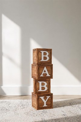Baby Yazılı Ahşap Damarlı Baby Shower Dekorasyon Kutu Set
