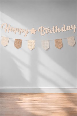 Bej Bohem Happy Birthday Banner Seti – Ekose Flamalı Doğum Günü Süsleme Dekorasyon Seti