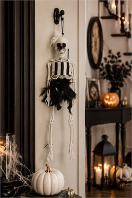 Beyaz Fiyonklu Tüllü İskelet Süs 43 Cm Halloween Cadılar Bayramı Parti Malzemesi